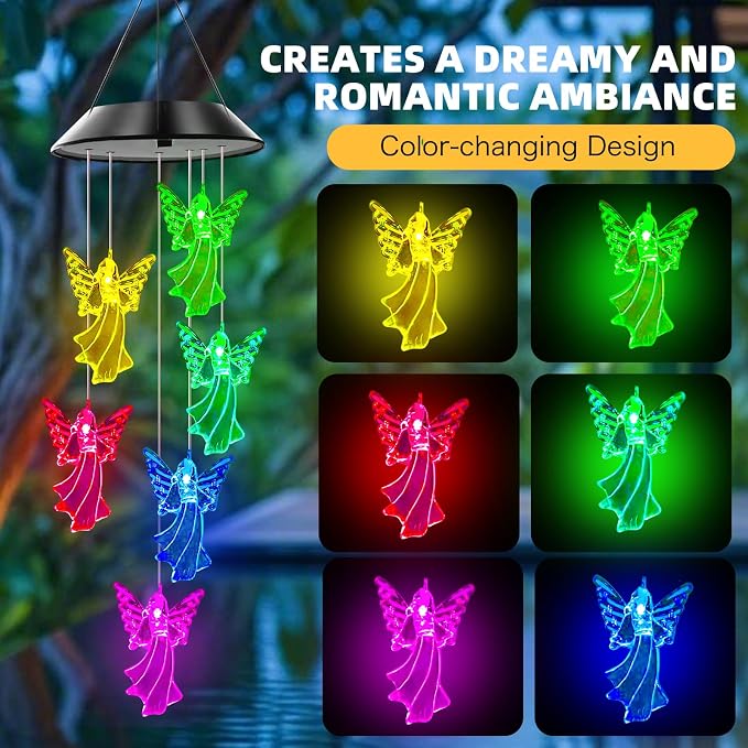 Angel Solar Wind Chimes for Outside Color Changing | Hanging Decor for Outside,Best Gifts for Mom Grandma Women Wife Aunt Sister,Solar Lights Wind Chimes , Garden Yard Decor