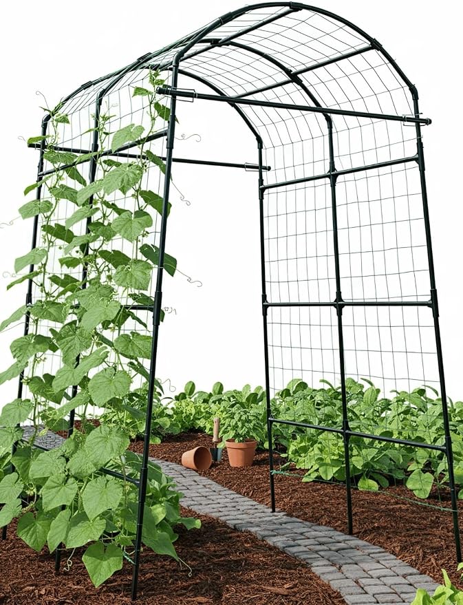 Garden Trellis Arch 7FT PP-Coated Stainless Steel Metal Extra Tall Cucumber Trellis Arch Garden Arch Trellis for Climbing Plants Outdoor Vegetable Trellis with Trellis Netting