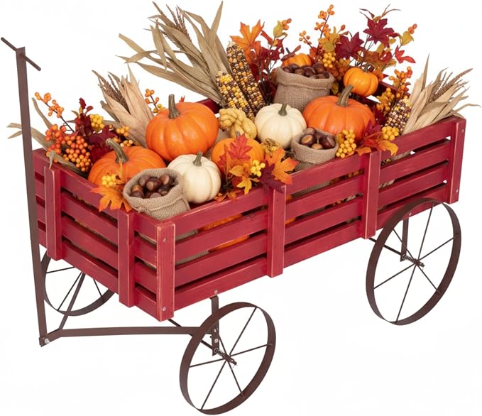 Shine Company Decorative Buckboard Wagon Garden Planter, Wooden Wagon Yard Décor for Outdoor Plants, Red