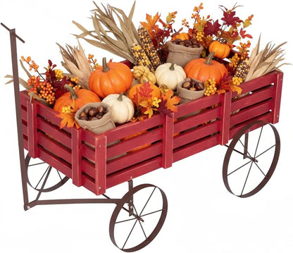 Shine Company Decorative Buckboard Wagon Garden Planter, Wooden Wagon Yard Décor for Outdoor Plants, Red