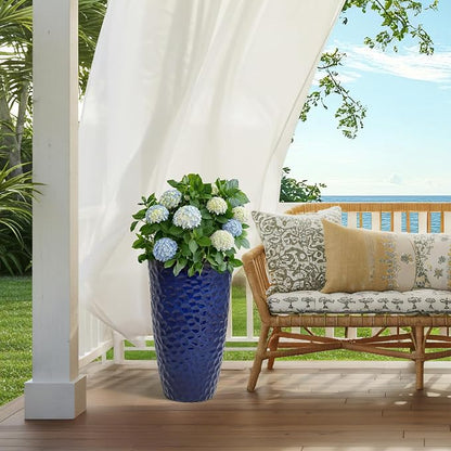 23.75" Cobalt Blue Plastic Tall Planters with Honeycomb Texture | Set of 2 PP tall planters with cobalt blue honeycomb texture, drainage plugs, and UV-treated finish for porch or patio