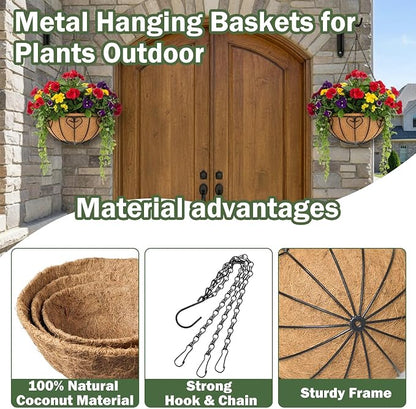 4 Pack 10 Inch Hanging Baskets for Plants Outdoor Metal Hanging Planter Basket with Coco Coir Liner Hanging Flower Pots Holder for Garden, Patio(Modern)
