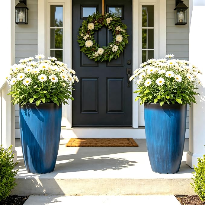 Autodaya 23.8" Tall Planters Set of 2, Large Plastic Plant Pots with Artistic Floating Cobalt Blue Glaze, UV-Resistant Lightweight PP Flower Pots for Outdoor Indoor Plants, Garden, Patio, Deck, Porch | Artistic Floating Cobalt Blue Glaze, Lightweight U...