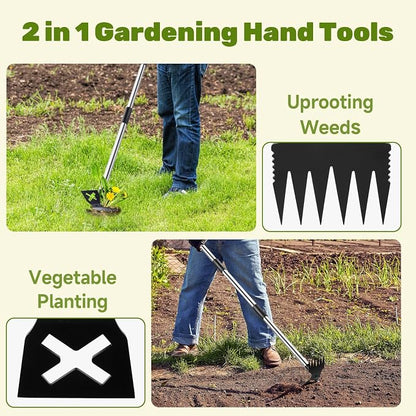 60" Weed Puller Tool with Long Handle and 17" Weeding Tools Gardening Set, Dual Side Hand Weed Rake and Hoe Garden Weeder, Weed Pulling Remover Tool for Yard, Patio, Lawn and Garden Planting (Black)