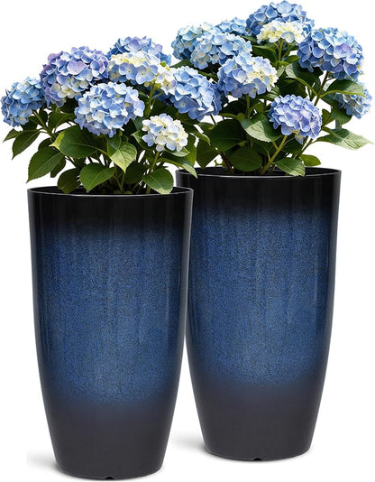 Autodaya 23.8" Large Cobalt Blue Tall Planters, Set of 2 Plastic Pots | Gradient Cobalt Blue Finish, Lightweight And Weather-Resistant Plastic Build, for Porch, Garden, Patio, Deck, or Indoor Use
