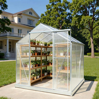 6x6 FT Greenhouse, Walk-in Polycarbonate Greenhouse, Heavy Duty Aluminum Outdoor Green House Kit with Sliding Door, Roof Vent, Rain Gutter for Backyard Garden All Season Growing, Sliver