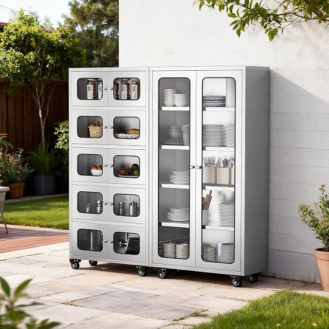 ZZV 68" Full-Assembled Stainless Steel Cabinet with Glass Doors, 5-Tier Rolling Kitchen Pantry Storage Cabinet with Wheels for Garage, Warehouse, Utility Room, Laundry Room, Restaurant, Cafe
