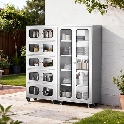ZZV 68" Full-Assembled Stainless Steel Cabinet with Glass Doors, 5-Tier Rolling Kitchen Pantry Storage Cabinet with Wheels for Garage, Warehouse, Utility Room, Laundry Room, Restaurant, Cafe