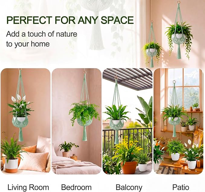 Shappy 1 Pack Boho Macrame Plant Hanger, Large Hanging Planter Plant Holder Pot Hanger Hanging Basket Wall Planters, Plants Lover Gift for Indoor Garden (Wooden Ring and Wooden Beads,Sage Green)