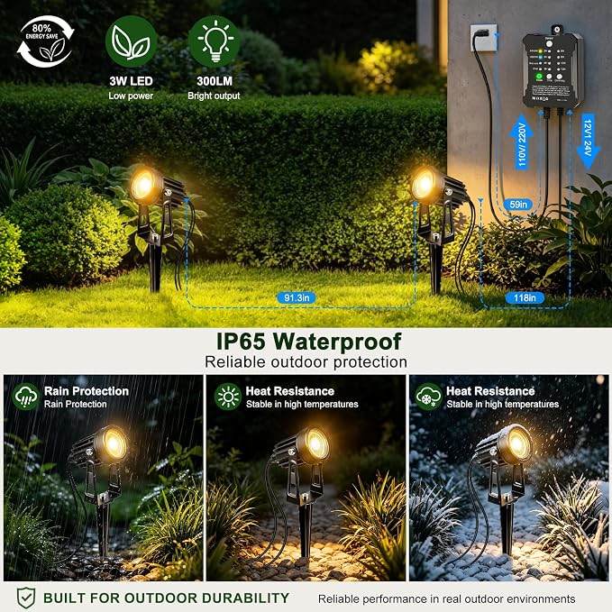 All-in-One Low Voltage Landscape Lighting Kit, 8-Pack LED Landscape Lights with Smart Transformer, 70FT Pre-Wired Cable, IP65 Waterproof Outdoor Spotlights, 3000K Warm White for Yard Garden Pathway