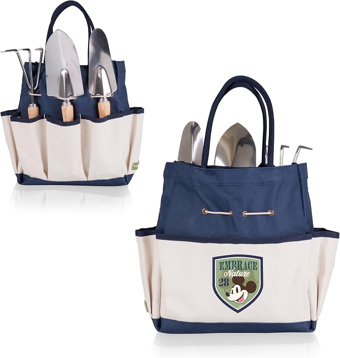Picnic TIME Disney Mickey Mouse Garden Tote with Tool Set, Durable Garden Tool Organizer Bag with 3 Hand Tools and Exterior Pockets, Giftable Gardening Essential, (Navy Blue with Beige Accents)