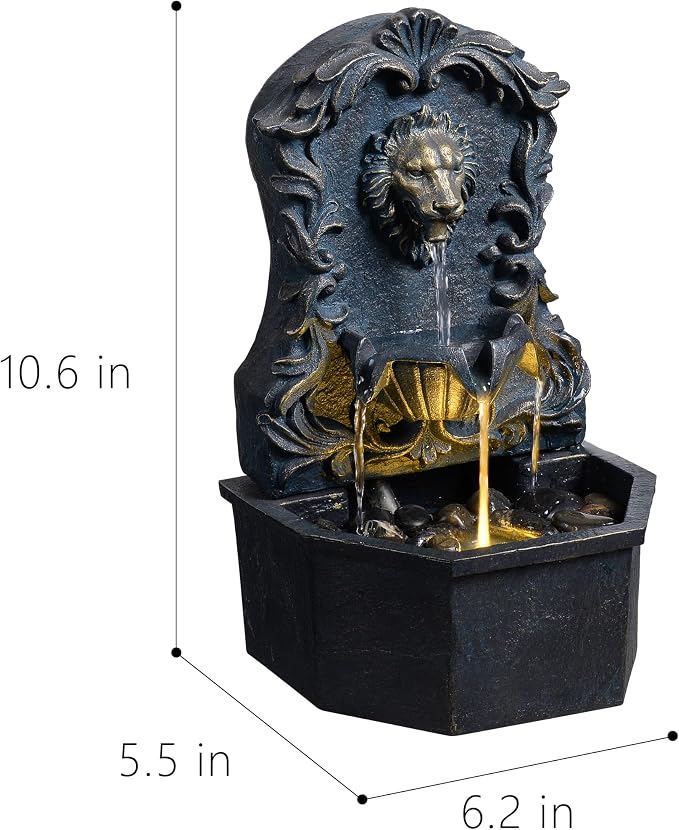 Tabletop Waterfall Fountain with Lion Head – Resin Table Top Water Fountains Indoor for Desk & Home Decor (RJ-21116N)