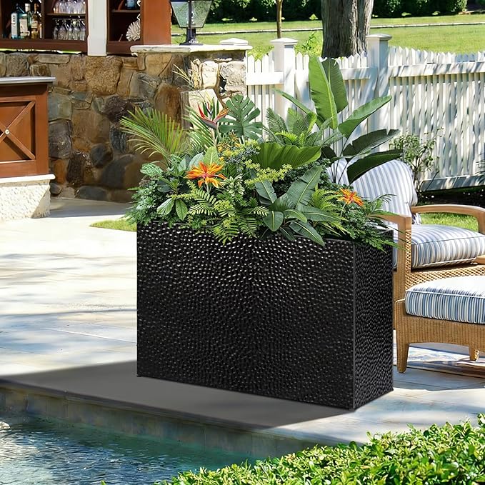 Tall Planters for Outdoor Plants - Hand-Hammered Metal Large Rectangular Block Planter Box with Drainage Holes, Modern Planters Indoor Outdoor Flower Plant Pots Patio Yard Front Porch Deck,32x12x24"