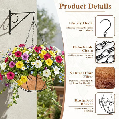 4 Pack Hanging Planter for Outdoor Plants 14 inch Metal Hanging Flower Basket with Coco Coir Liner Round Wire Plant Holder Chain Flower Pots Outdoor Garden Decoration Watering Hanging Baskets（HB）