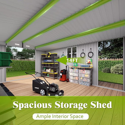 YOPTO 10x14 FT Large Outdoor Storage Shed,Durable Metal Garden Shed with Three Lockable Doors and Two Windows,Waterproof Tool Shed for Backyard Patio,All-Weather Shelter for Bike,Lawn Mowers,Grey