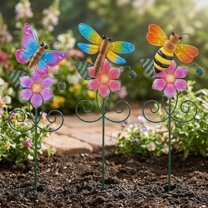 Topadorn Metal Garden Stakes Set of 3, Colorful Bee Butterfly & Dragonfly Garden Decor, Weatherproof Outdoor Yard Stakes for Lawn Patio Planters