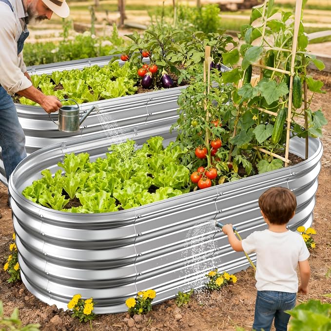 17" Tall Oval-Shaped / Elliptic Metal Raised Garden Bed Outdoor Silver | 48X24X17 Inch,1.5 FT Tall,0.8MM Thick Galvanized Metal,for Variety of Flowers,Herbs,Vegetables.with Gloves,Tool free