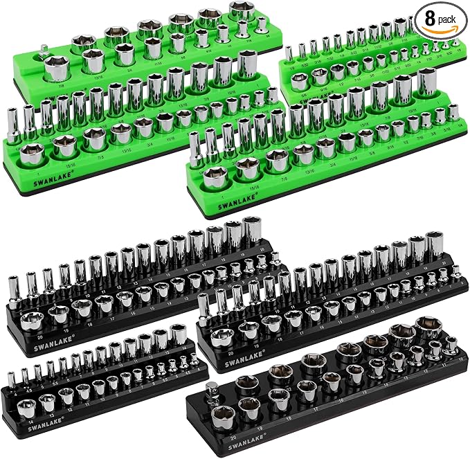 Magnetic Socket Organizer Holder Tool: 8PCS Set includes 2PCS 1/4", 4PCS 3/8", 2PCS 1/2" Drive Socket Storage Trays Toolboxs, Holding 199 Slots Soft Rubber Covering Black Green (sockets not included)