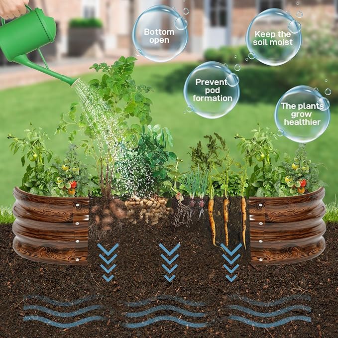 Galvanized Raised Garden Bed, 6x3x1 FT Galvanized Steel Metal Raised Garden Bed, Oval Open-Bottom Design, 12-Inch Deep for Outdoor Vegetable & Herb Gardening, Fruit Wood Grain, 2 Packs