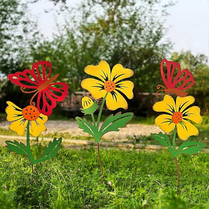 3 Pack Butterfly&Flower Metal Flowers for Outside & Decorative Garden Stakes - Metal Yard Art Outdoor and Garden with Rustproof Design | Spring Lawn Ornaments for Porch,Backyard，Patio