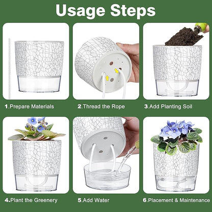 3 Pack Self Watering Pots for Indoor Plants, 4+5.5+6.3 Inch Self Watering Plant Pots, Flower Pots with Wick Rope and Reservoir - Crack Texture