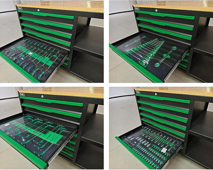 7-Drawers Professional Tool Cart Cabinet,Rolling Tool Chest with Double Shelves,Wood Workbench,51.1W x 18.9D x 32.3H inches for Garage, Workshop, or Outdoor Use(7 Drawers + 258 Pieces Tool)