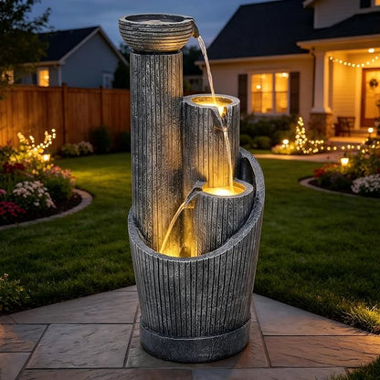 AUTODAYA 31" 5-Tier Twist Pedestal Outdoor Fountain LED Cascading Waterfall | geometric twist Pedestal Bowl design, fluted texture, patio garden, Backyard, Deck, or Porch