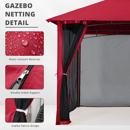 MASTERCANOPY Patio Gazebo Mosquito Netting Screen Walls (10x12, Burgundy)