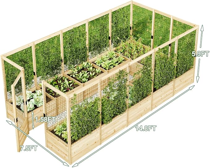 AMERLIFE U-Shaped Raised Garden Bed with 19" Depth Planter Box, Outdoor Wooden Raised Garden Bed Planter with Deer Proof Fence,7.5Wx15Dx6H, for Vegetables, Flowers and Herbs