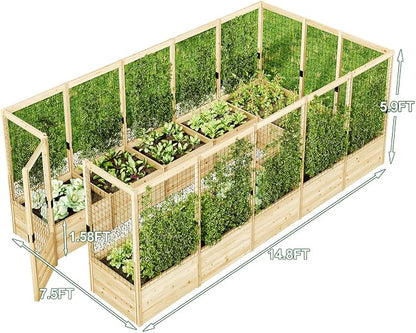 AMERLIFE U-Shaped Raised Garden Bed with 19" Depth Planter Box, Outdoor Wooden Raised Garden Bed Planter with Deer Proof Fence,7.5Wx15Dx6H, for Vegetables, Flowers and Herbs