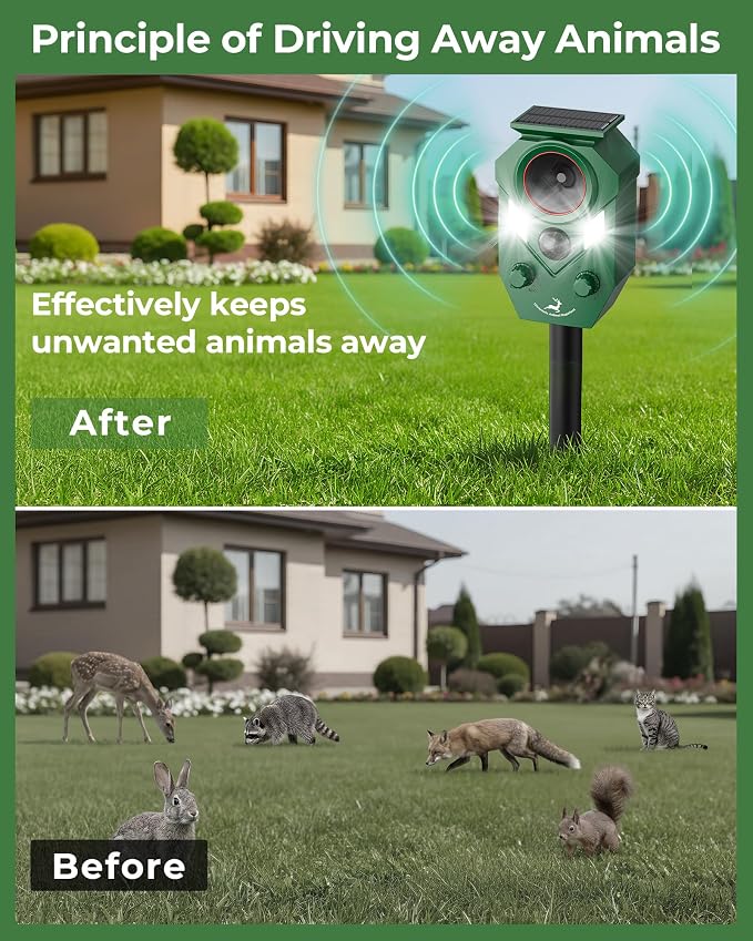Solar Deer Repellent Devices Outdoor - Ultrasonic Animal Repellent with Motion Sensor & Strobe Lights, 4 Pack Waterproof Cat Repellent Outdoor, Repels Raccoon, Coyote for Garden & Lawn