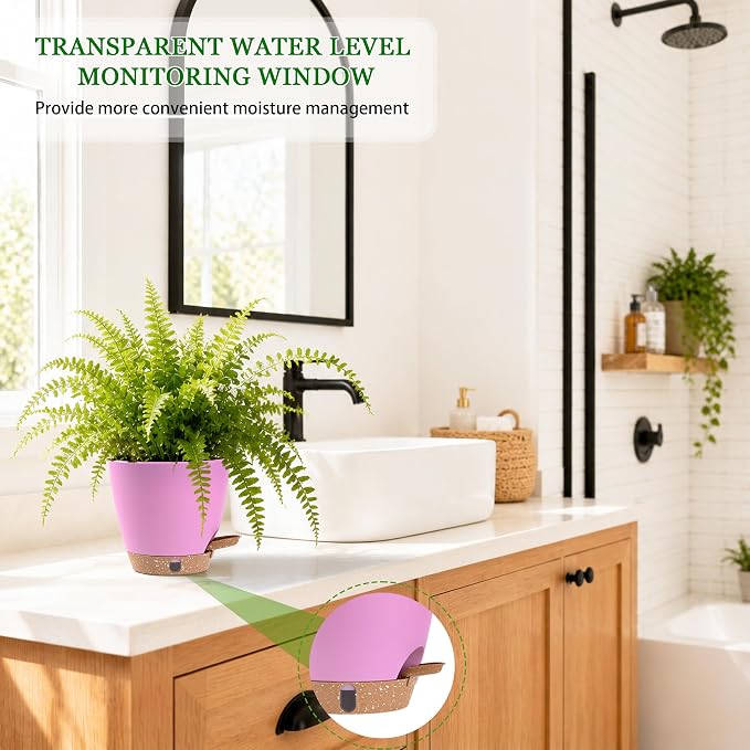 6 Inch Self Watering Pots for Indoor Plants(5-Pack) – Small Plastic Planters with Water Level Window, Drainage Holes & Trays, Indoor Outdoor Flower Pots for Herbs, Snake,Pothos (Dusty Lavender)