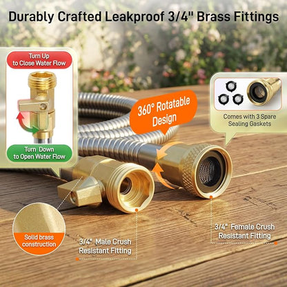 Garden Hose, 75ft 5/8" Stainless Steel Water Hose w/ 10-Mode Spray Nozzle, On/Off Valve, 523 PSI Burst, Anti-Kink, Lightweight All-Weather Flexible, Leakproof 3/4" Brass Male to Female Fittings