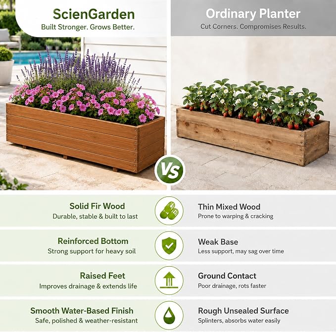 Fir Wood Raised Garden Bed Rectangular Planter for Outdoor Tomato Planter | For Herbs & Flowers Garden Includes Fabric Planter Liner, 4 Drainage Holes