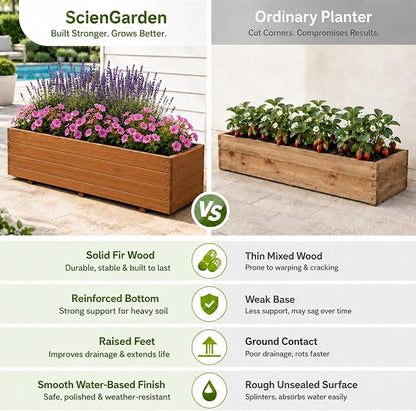 Fir Wood Raised Garden Bed Rectangular Planter for Outdoor Tomato Planter | For Herbs & Flowers Garden Includes Fabric Planter Liner, 4 Drainage Holes