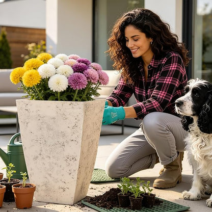 2-Pack 19" Country White Resin Square Planters with Drainage Hole | Set of 2 resin planters with weathered stone texture, drainage plugs, and UV-resistant finish for porch, patio, or indoors