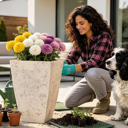 2-Pack 19" Country White Resin Square Planters with Drainage Hole | Set of 2 resin planters with weathered stone texture, drainage plugs, and UV-resistant finish for porch, patio, or indoors
