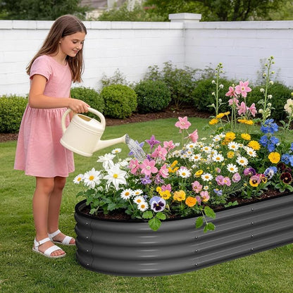 Garvee Galvanized Raised Garden Bed, 2Pcs Raised Garden Beds Outdoor, Oval Planter Raised Beds with Gloves and Rubber Edge Trim for Vegetables, Flowers and Herbs, 4x2x1 FT, Dark Grey