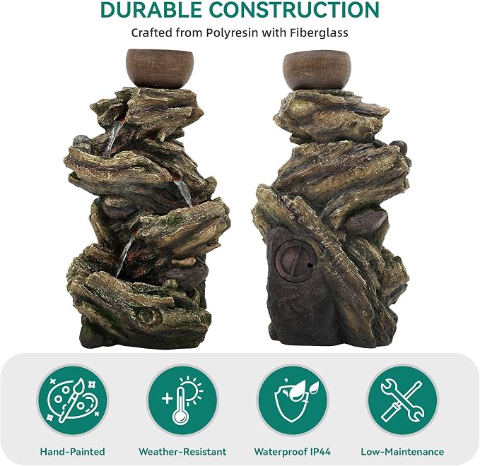 33" Rustic Tree Trunk Outdoor Water Fountain with Planters, Handcrafted 5-Tier Cascading Water Feature with Moss & LED Lights, Relaxing Tranquil Decor for Garden Yard Patio Porch