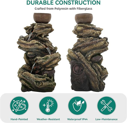 33" Rustic Tree Trunk Outdoor Water Fountain with Planters, Handcrafted 5-Tier Cascading Water Feature with Moss & LED Lights, Relaxing Tranquil Decor for Garden Yard Patio Porch