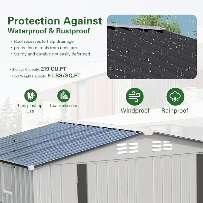 8X6 FT Storage Shed, Metal Outdoor Garden Tool Shed with Pitched Roof Waterproof with Window and 2 Lockable Door,Vents,for Garden Tool Storage, Sundries and Bike Storage,White+Gray