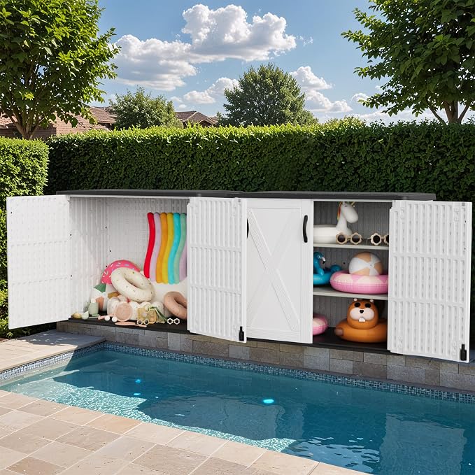 Greesum Outdoor Storage Cabinet, 26 CUFT Deck Box Without Shelves, Waterproof Plastic Storage Shed for Patio Cushions, Gardening Tools, Sidehandles and Lockable, UV Resistant, White