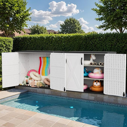 Greesum Outdoor Storage Cabinet, 26 CUFT Deck Box Without Shelves, Waterproof Plastic Storage Shed for Patio Cushions, Gardening Tools, Sidehandles and Lockable, UV Resistant, White