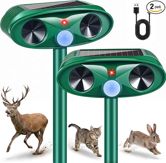 2Pack Upgraded Ultrasonic Deer Repellent for Plants Solar Animal Repellent Outdoor with Motion Sensor for Rabbit Cat Deterrent Raccoon Squirrel Fortress Pro Keep Pests Out of Yard Farm
