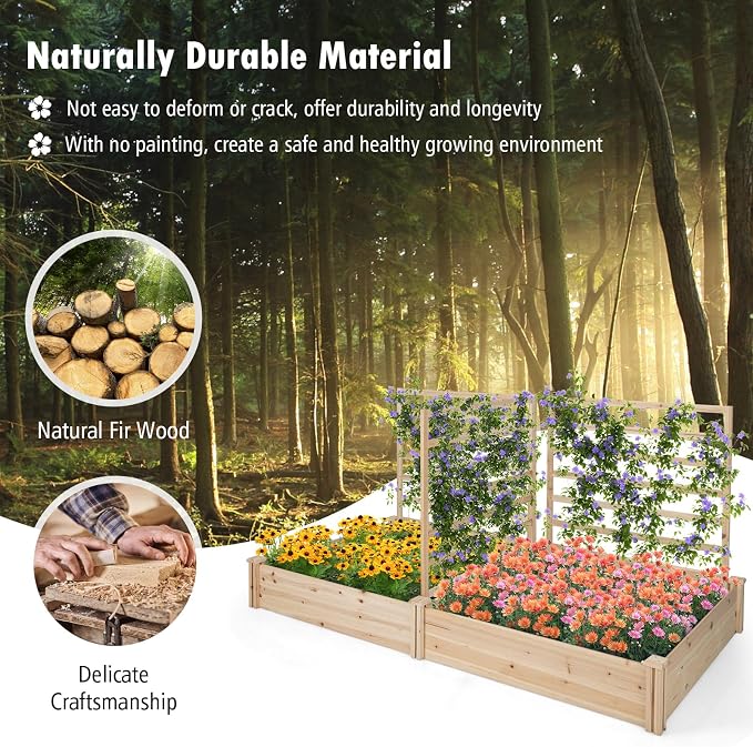 S AFSTAR Raised Garden Bed with 3 Trellis & 2 Planter Boxes, Outdoor Wooden 88" L x 45" W x 43" H Planter Box Kit for Flower Herb Vegetable Fruit Climbing Vines, Gardening Planter for Garden Patio