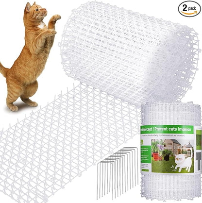Sanwuta 2 Pcs 26.3 ft Cat Spike Mat Outdoor Cat Deterrent Mat with Spikes Prickle Strips Indoor Dog Digging Deterrent Anti Network Spikes with 10 Staples for Garden Fence(White)