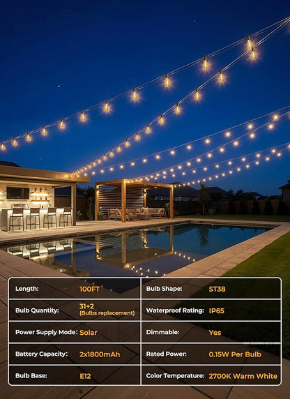 Brightown 100FT Solar String Lights Outdoor Waterproof, Patio Lights with Remote & Timer, USB/Solar Powered Dimmable Outdoor Lights, 31+2 LED Bulbs for Backyard Garden Camping Party