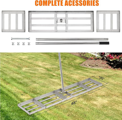 Lawn Leveling Rake, Stainless Steel Lawn Leveler with 48"x10" Ground Plate, Heavy Duty Effort Saving Lawn Level Tool for Yard Garden Golf Course, Ease Level Soil Sand Dirt Surfaces
