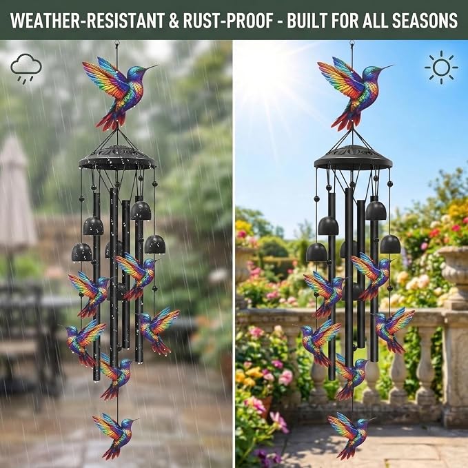 36" Rainbow Hummingbird Wind Chimes for Outside, Memorial Sister Gifts | Rainbow-gradient birds, black aluminum tubes, bells & S-hook. A soothing rustic deep tone decor for spring courtyards