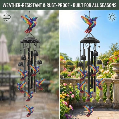 36" Rainbow Hummingbird Wind Chimes for Outside, Memorial Sister Gifts | Rainbow-gradient birds, black aluminum tubes, bells & S-hook. A soothing rustic deep tone decor for spring courtyards